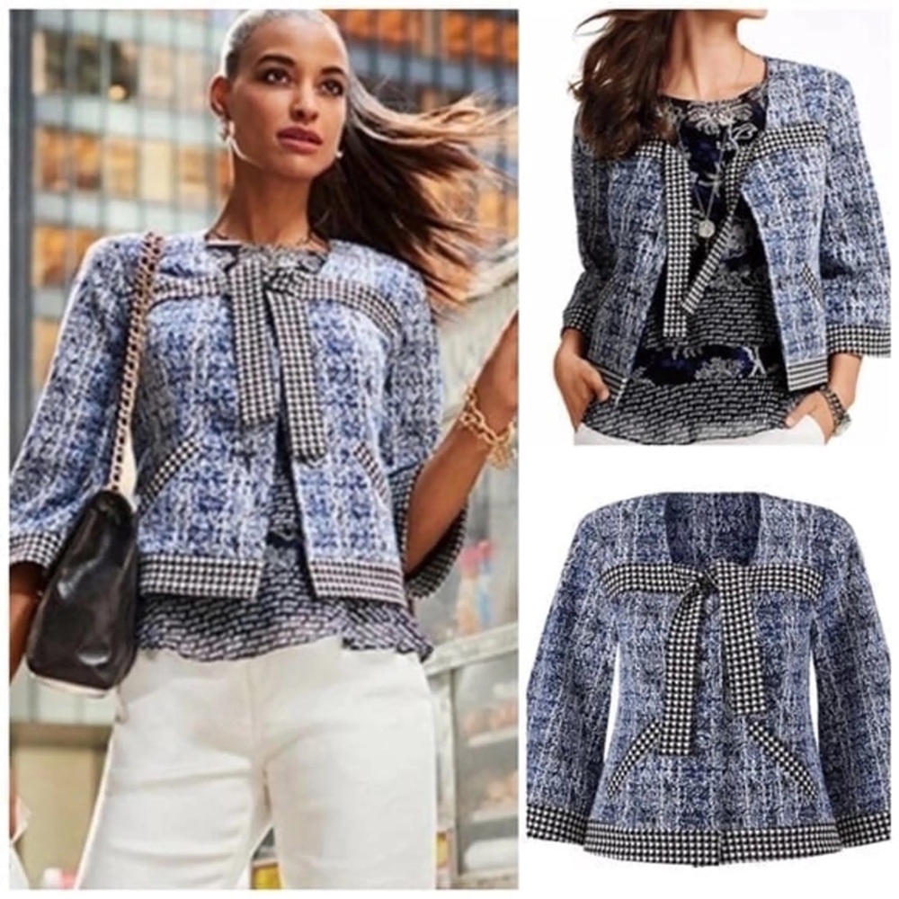 Cabi Reina Houndstooth Tweed Bow Front 3/4 Sleeves Blue Black Blazer Jacket XL